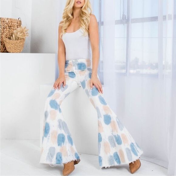 Peach Love Tie Dye Blue Tan Boho Bell Bottom 70’s Inspired Style Jeans Feminine - Picture 1 of 14